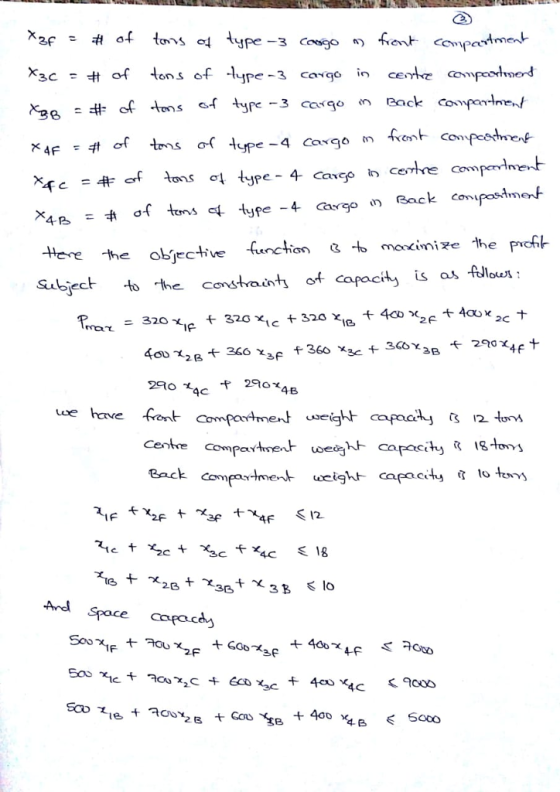 B # of ton s ef type-3 cogo n Bock co..ren ons σ Back co a s yf4 Cargo he objective functian Subject to ,he constaint motinize the pcfH copaciy islou of 4C 4B ue have font a mportmet el And Spoce acy 400