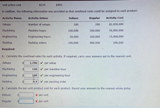 Unit prime cost $529 $483 In addition, the following information was provided so that overhead costs could be assigned to eac