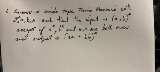 Swgle tape Turing Machni wik (a ob) 1. GEneTE A Za bs sueh thut the ipud aesptf andl ontput is (aa + bb M and m,n aue both E