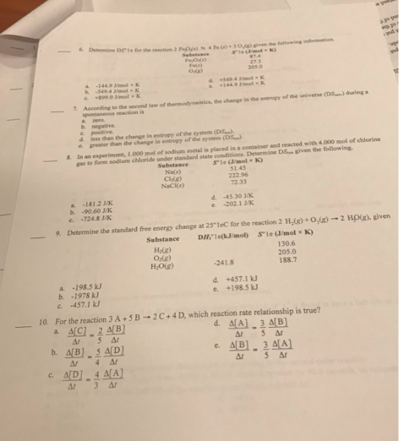 23 p 30+ ody 1 Determines le for the reason 30.09) given the following information Slemelk) 4 F Substance Fe O.) Feca) 0.6) 2