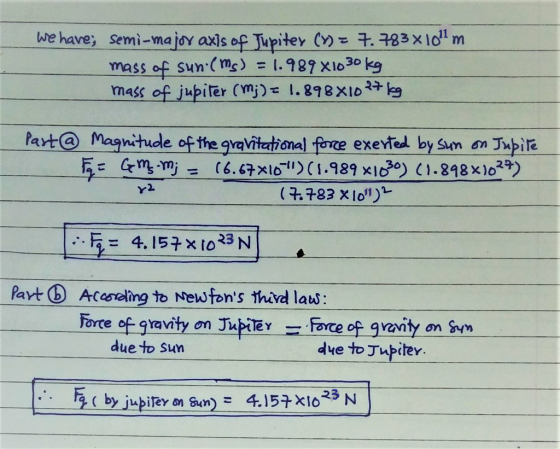 we have; Semi-majov axis of Jupitey C).783xIon mass of sun (ms) = 1.987 X1o30 kg mass of jupiter (mj) .898XID 2+ Part@ Magnit
