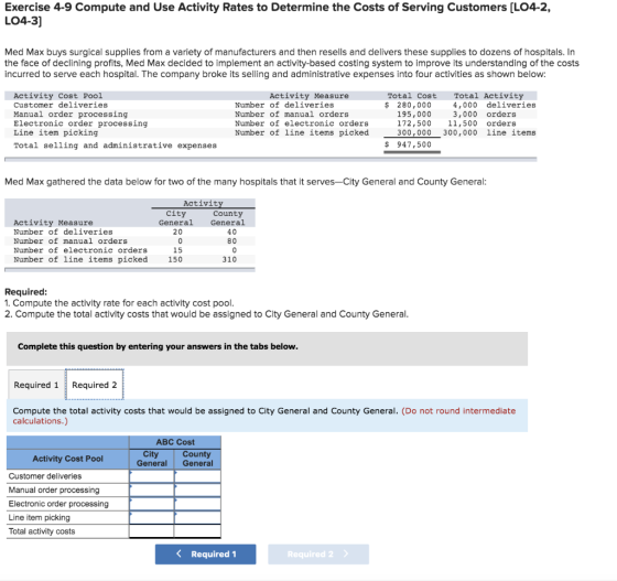 Exercise 4-9 Compute and Use Activity Rates to Determine the Costs of Serving Customers [LO4-2, LO4-3) Med Max buys surgical