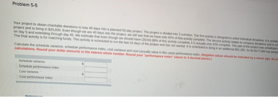 Problem 5-5 Your project to obtain charitable donations is now 40 days into a planned 50-day project. The project is divided
