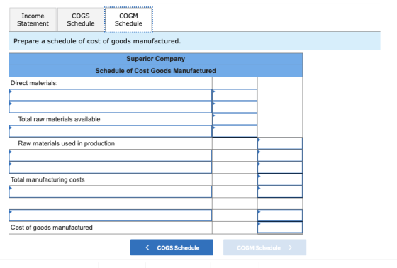 Income Statement COGS Schedule COGM Schedule Prepare a schedule of cost of goods manufactured. Superior Company Schedule of C