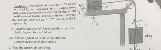 Problem 1: Two blocks of mass: m, =25 kg and m2=45 kg are connected by that passes over a pulley as show in the figure. The c
