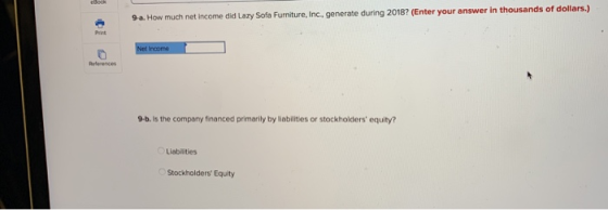 9. How much net income did Lazy Sofa Furniture, Inc., generate during 2018? (Enter your answer in thousands of dollars.) Net