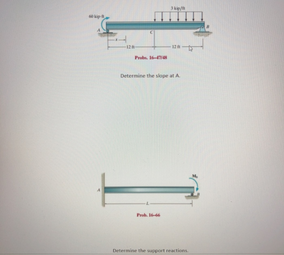 3 kip/ft 60 kip ft 12 ft 12 ft Probs. 16-47/48 Determine the slope at A. Mo Prob. 16-66 Determine the support reactions.