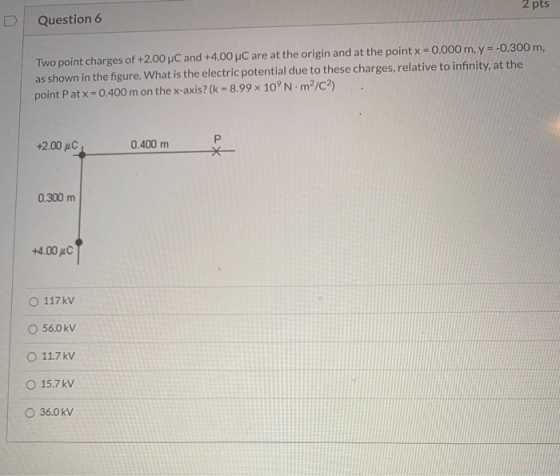 2 pts Question 6 Two point charges of +2.00 uC and +4.00 PC are at the origin and at the point x = 0.000 m, y=-0.300 m, as sh