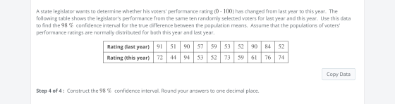 A state legislator wants to determine whether his voters performance rating (0 - 100) has changed from last year to this yea