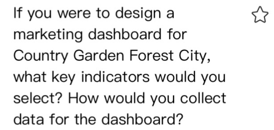 If you were to design a marketing dashboard for Country Garden Forest City, what key indicators would you select? How would you collect data for the dashboard?