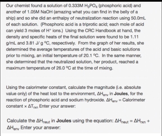 Our chemist found a solution of 0.333M H3PO4 (phosphoric acid) and another of 1.05M NaOH (amazing what you can find in the be