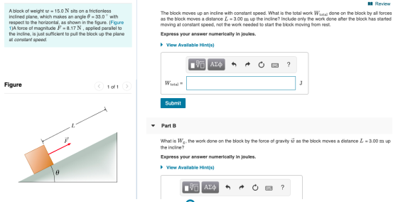 A block of weight w = 15.0 N sits on a frictionless inclined plane, which makes an angle @ = 33.0° with respect to the horizo