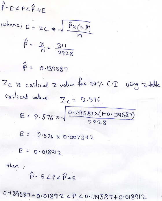 A ELPcête where; E = 2c * $x (1.2) ZC 2228 * 2 3 -138587 Zc is critical z value fox 99% CoI using z table critical value 2.2