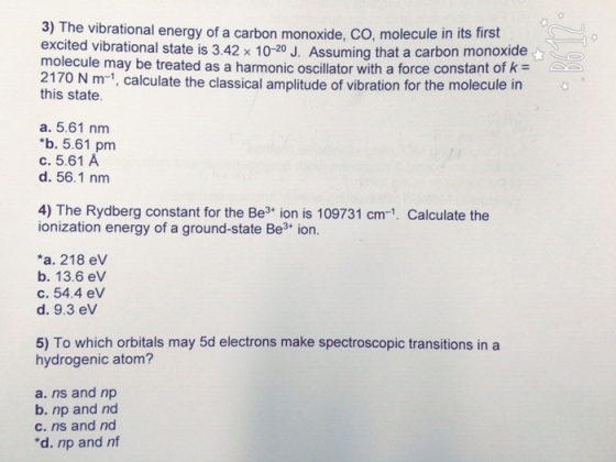 3) The vibrational energy of a carbon monoxide, co