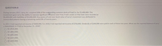 QUESTION 8 During January 2017, Larry, Inc. acquired 30% of the outstanding common stock of Fred Co. for $1,400,000. This Inv