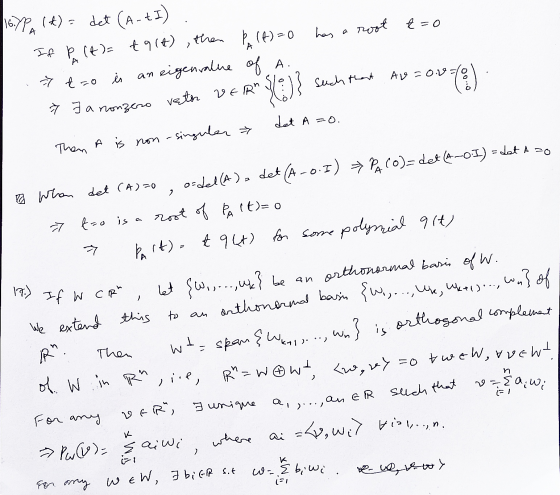 has root t=0 16. YPA (t) = det (A-tI) Inf P (t)= t 9 (t) then (4)=0 an eigenvalue of a. 7 t- i such that Av=or=/ (3)} 0070) 7