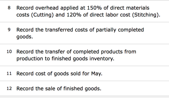 8 Record overhead applied at 150% of direct materials costs (Cutting) and 120% of direct labor cost (Stitching). 9 Record the