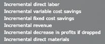 Incremental direct labor Incremental variable cost savings Incremental fixed cost savings Incremental revenue Incremental dec