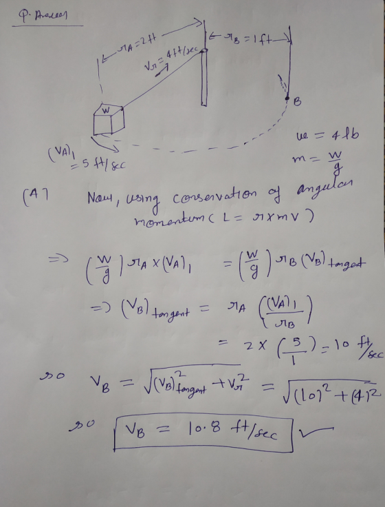 Q. Areses - TE MB=167- LMA=2ft - Vr = 4ft. ne =4 lb (VAL 25. fl sec ------ m=w (A7 Now, using conservation of angul momentum