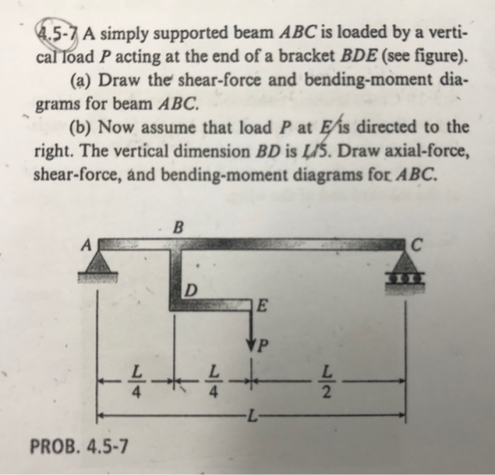 4.5-7 A simply supported beam ABC is loaded by a verti- cal load P acting at the end of a bracket BDE (see figure). (a) Draw