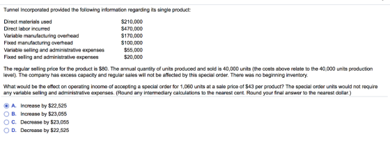 Tunnel Incorporated provided the following information regarding its single product: $210,000 $470,000 $170,000 $100,000 $55,