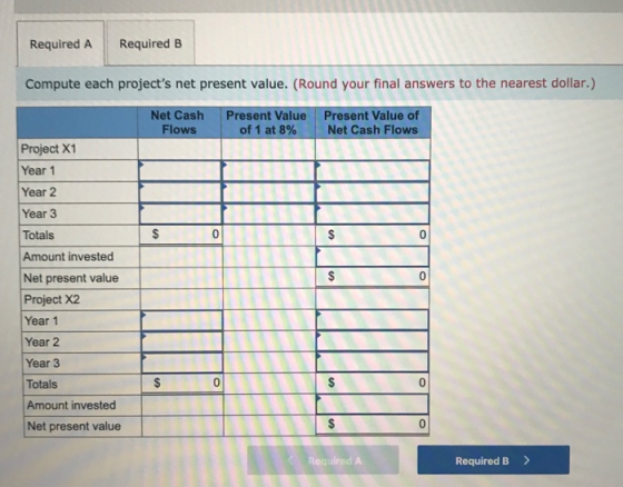 Required A Required B Compute each projects net present value. (Round your final answers to the nearest dollar.) Net Cash Fl