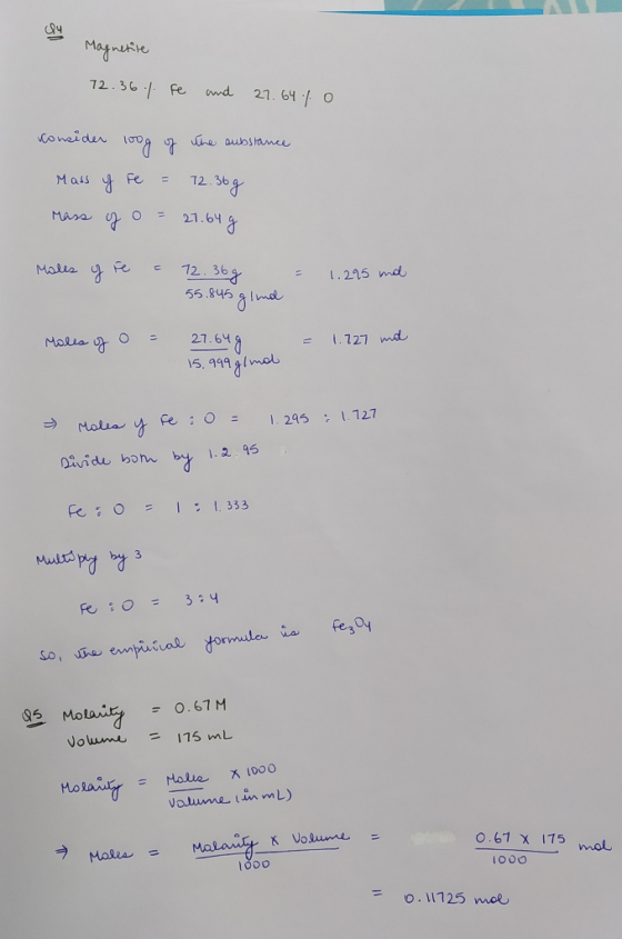 Magnetice 12.364. Fe and 27.64 % 0 Consider loog of the substance Mass y Fe = 72.36g Mass og o = 21.64 g Moles of F e = 72.36