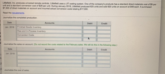 Littlefield, Inc. produces universal remote controls. Littlefield uses a JIT costing system. One of the companys products ha