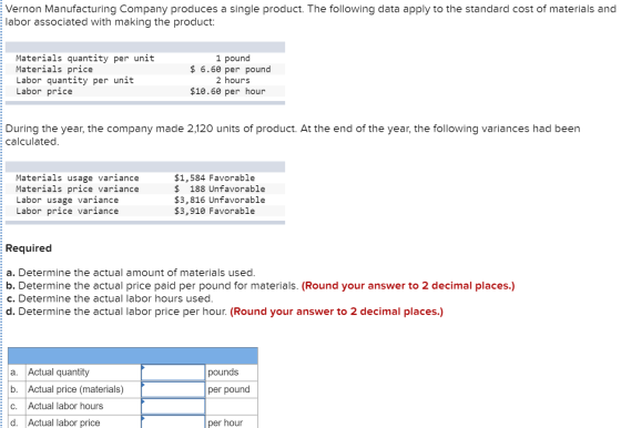 Vernon Manufacturing Company produces a single product. The following data apply to the standard cost of materials and labor