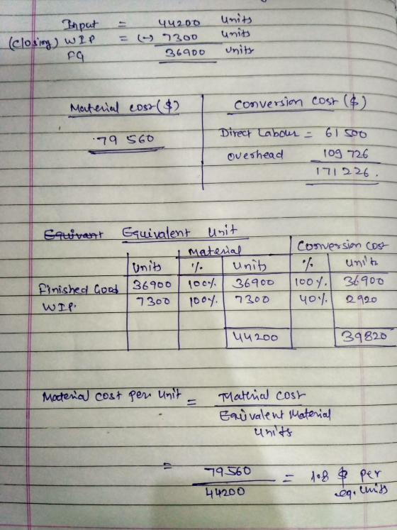 Input (closing wip fal 44200 ( 7300 36900 units units Units Material cost($2 conversion cost (6) 61 Soo 79 560 Direct Labour