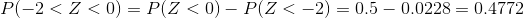 P(-2<Z<0)=P(Z<0)-P(Z<-2)=0.5-0.0228=0.4772
