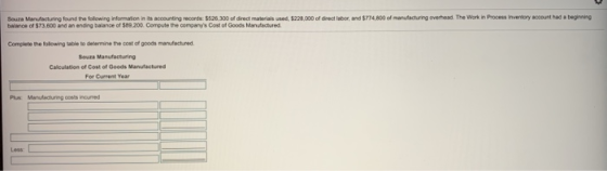 Souza Manufacturing found the following information in its accounting records 3526.300 of direct materials used $220.000 of d