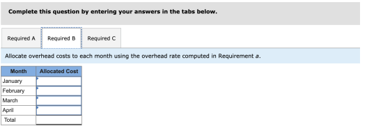 Complete this question by entering your answers in the tabs below. Required A Required B Required C Allocate overhead costs t