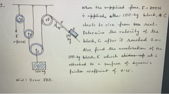 When the supplied force, F=800N is applied the 100-kg block, ac starts to rise from the reat. Determine the relocity of the b
