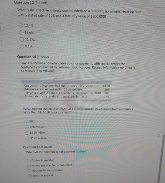 Question 13 (1 point) What is the effective interest rate (rounded) on a 3-month noninterest-bearing note with a stated rate