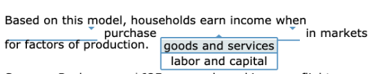 Based on this model, households earn income when purchase in markets for factors of production. goods and services labor and
