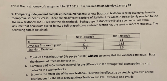 This is the first homework assignment for STA 3112. It is due in class on Monday, January 28. 1. Comparing Independent Samples (Unequal Variances): A new Statistics I textbook is being evaluated in order to improve student success. There are 20 different sections of Statistics I for which 7 are randomly sele the new textbook and 13 will use the old textbook. Both grou Assume that final exam scores follow a bell-shaped curve and each section has the same number of students following data is obtained: cted to use ps of students will take a common final exam. . The New Textbook 7 82.1 3.2 Old Textbook 13 78.3 2.5 Average final exam grade Standard Deviation Conduct a hypothesis test (Ho: μι α-0.05) without assuming that the variances are equal. State the degrees of freedom for your test. Compute a 95% Confidence Interval for the difference in the average between the two textbooks. Estimate the effect size of the new textbook.Illustrate the effect size by sketching the two normal distributions for the class averages (New Textbook and Old Textbook) side by side. a. b. final exam grades (μ-μ)