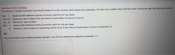 Exercise 14-01 b (Essay) On January 1, Guillen Corporation had 95,000 shares of no-par common stock issued and outstanding. T