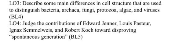 L03: Describe some main differences in cell structure that are used to distinguish bacteria, archaca, fungi, protozoa, algae,