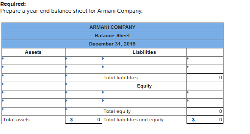 Required: Prepare a year-end balance sheet for Armani Company. ARMANI COMPANY Balance Sheet December 31, 2019 Liabilities Ass