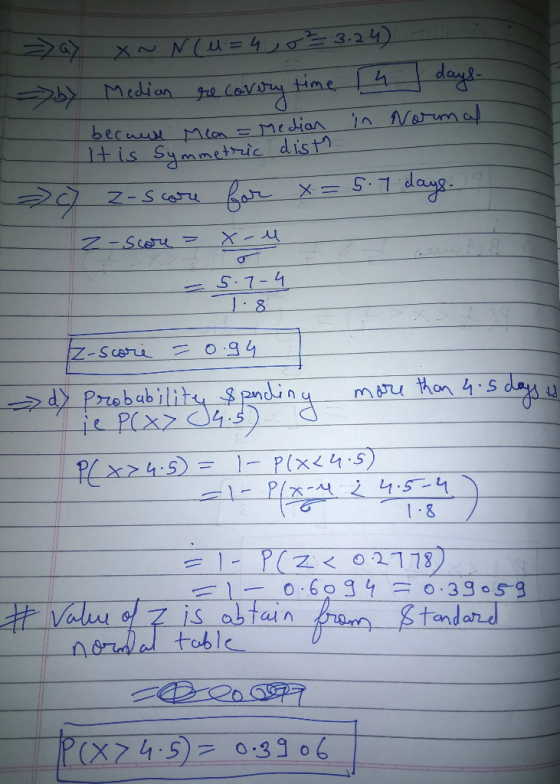 - => a> x~ N( u = 4,0²3-24) ->by Medias recovery time 14 days- because Men = Median in Normal It is symmetric disth 207 z-sco