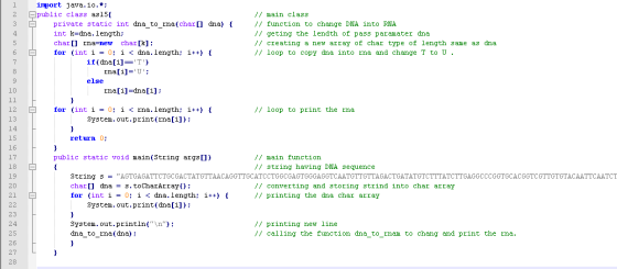 import java. io. Epublic class as15{ /main class private static int dna to_rna(char [] dna) { k-dna. length char rna-new for