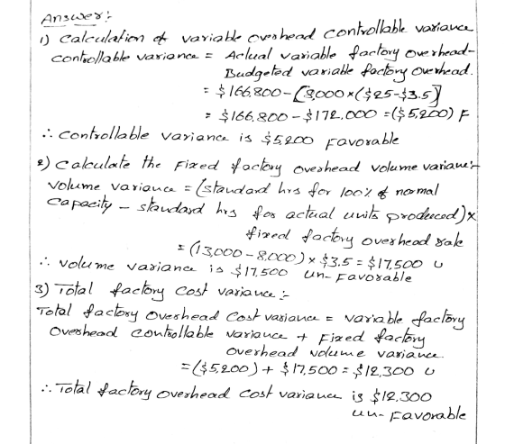 Answert Calculation of variable overhead controllable variance contoollable variance = Aclual variable factory Overhead- Budg
