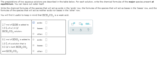 The preparations of two aqueous solutions are described in the table below. For each solution, write the chemical formulas of