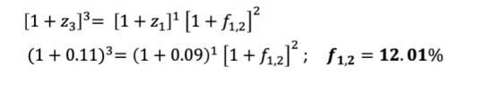 [1+z3]3= [1+z2]? [1 +f12) (1 + 0.11)3= (1 + 0.09)1 [1 + $1,2)”; $1,2 = 12.01%