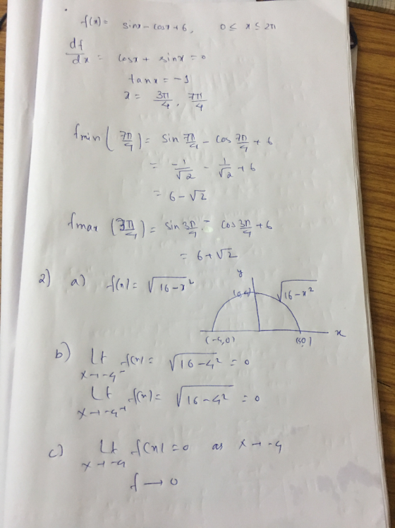 f(x) = sine - cost+6. os x S 211 df da losa + sinx=0 tanx=-I min (20) = sin te - Cos 70 +6 = t fato 26-12 Iman (21) = sin 30