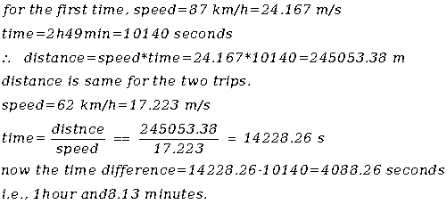 for the first time, speed- 87 km/h-24.167 m/s time-2h49min-10140 seconds :. distance- speed*time- 24.167*10140-245053.38 m di