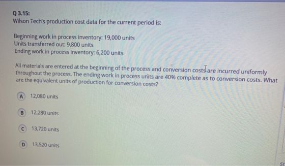 Q 3.15: Wilson Techs production cost data for the current period is: Beginning work in process inventory: 19,000 units Units