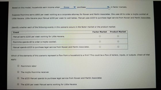 Based on this model, households earn income whenfirms purchase in factor markets Suppose Poornima earns $800 per week working as a corporate attorney for Rowan and Martin Associates. She uses $9 to order a mojito cocktail at Little Havana. Little Havana pays Manuel $200 per week to wait tables. Manuel uses $325 to purchase legal service from Rowan and Martin Associates. Identify whether each of the following events in this scenario occurs in the factor market or the product market. Factor Market Product Market Event Manuel earns $200 per week working for Little Havana. Poornima spends $9 to order a mojito cocktail. Manuel spends $325 to purchase legal service from Rowan and Martin Associates. Which of the elements of this scenario represent a flow from a household to a firm? This could be a flow of dollars, inputs, or outputs. Check all that apply. ■ Poornimas labor The mojito Poornima receives O The $325 Manuel spends to purchase legal service from Rowan and Martin Associates ■ The $200 per week Manuel earns working for Little Havana