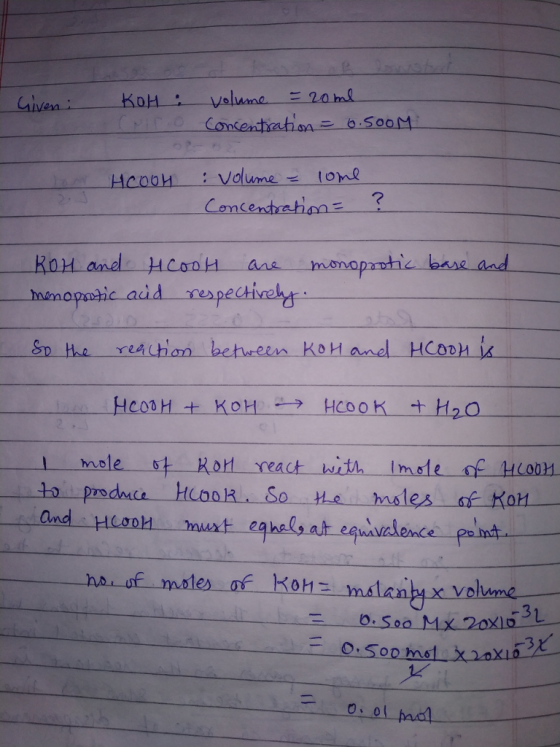 ulven HCOOH: Volume tone Concendrahims 2 hnsnopshic aid respectireby mole Rot react with Imole o Ho0 9ha na.of msies ơf Koh: malan-x voh.n Volume 3